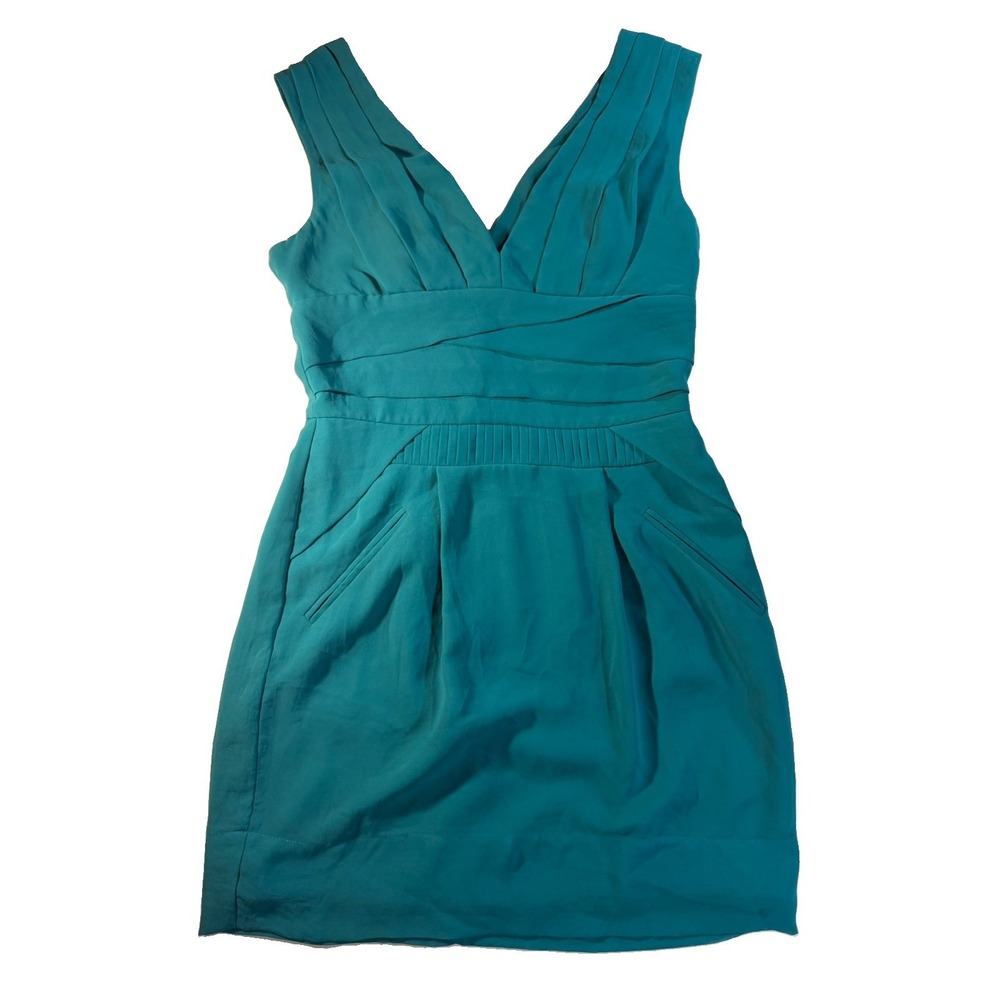 BCBG Generations Dress Women's 2 Teal Pleated V Neck Cocktail Party Pockets